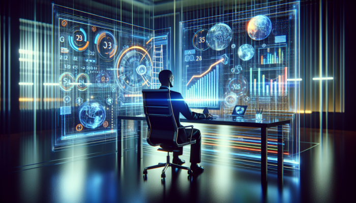 A focused digital marketer analyzes SEO data on screens with keywords, graphs, and holographic ranking ladders in a modern office.