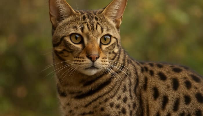 Ocicat cat with intricate spot patterns in tawny, black, and silver shades.