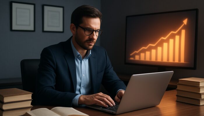 Focused expert at desk with books, certificates, and SEO graphs symbolising E-E-A-T.