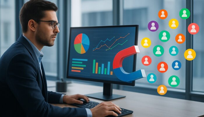 Analyst examining data dashboards as colorful user icons are magnetically attracted, symbolising lead magnet evolution.