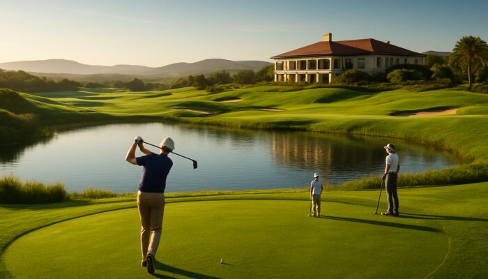 Vibrant Oubaai Golf Club course featuring immaculate greens, sparkling hazards, players teeing off, and a magnificent clubhouse.