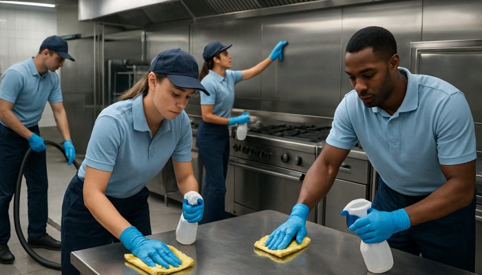 Expert cleaners sanitising a gleaming commercial kitchen with advanced tools.