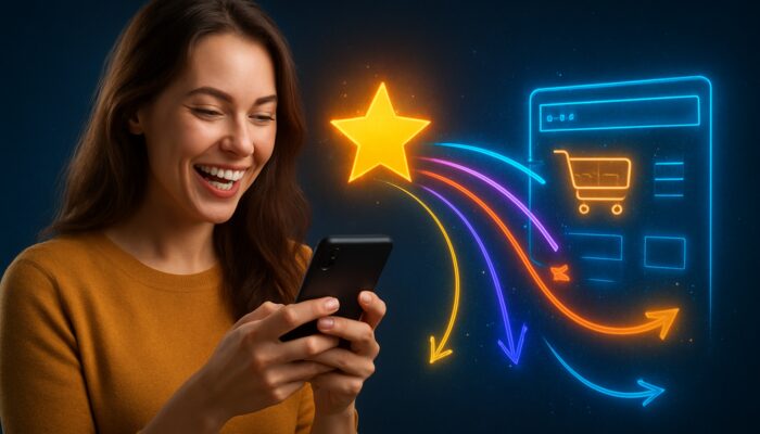 Delighted customer using smartphone to post a review, with vibrant links leading back to a flourishing e-commerce site symbolising SEO growth.