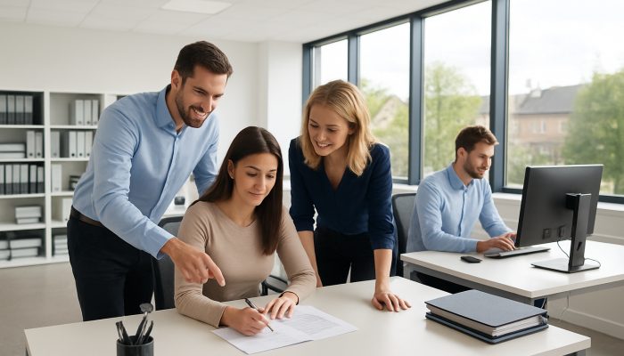 Modern office in Yeovil featuring immaculate desks, organized files, and focused employees benefiting from natural light.