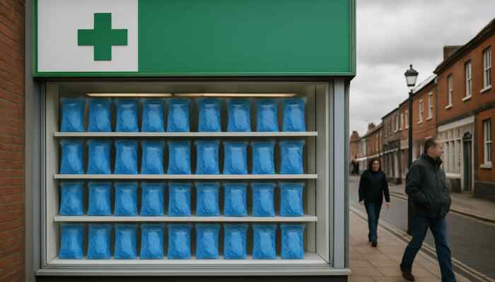 Sterile blue medical gloves displayed on shelves in a Burton upon Trent pharmacy window.
