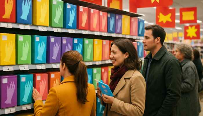 Bustling Lytham St Annes shop with colourful latex gloves boxes, prices £5-£15, and eager shoppers comparing options.