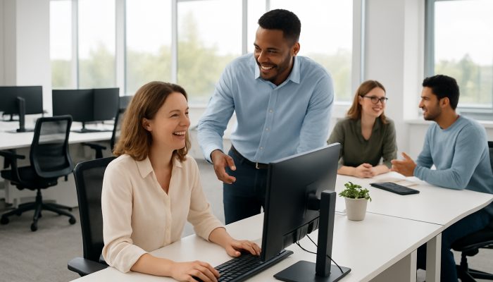 A modern Ilchester office featuring pristine desks, ergonomic workstations, and satisfied employees collaborating.