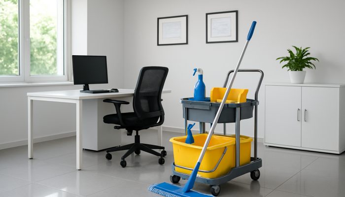 A tidy Ilchester office showcasing gleaming surfaces and framed certificates from the British Institute of Cleaning Science.