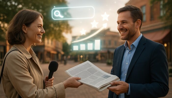 Journalist presenting a newspaper to a satisfied business owner in a town square with prominent SEO symbols