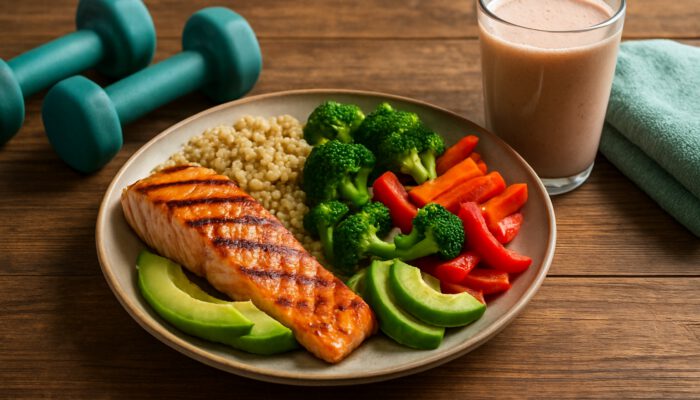 Nutritious post-workout meal featuring grilled salmon, quinoa, avocado, vegetables, protein shake, and dumbbells.