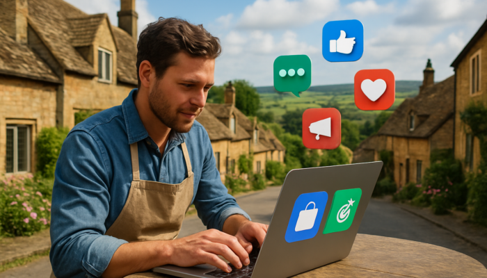 Small business owner in South Petherton using a laptop for targeted digital advertising with social icons