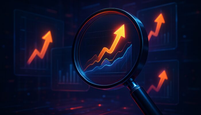 Surreal cyberpunk magnifying glass over digital posts with glowing upvote trends and audience graphs.