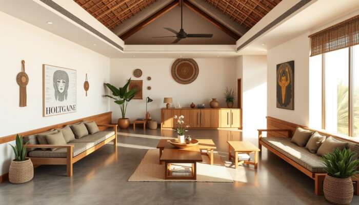 Modern boutique hotel lobby showcasing minimalist design with sustainable wooden furniture, indigenous crafts, and local artwork illuminated by natural light.