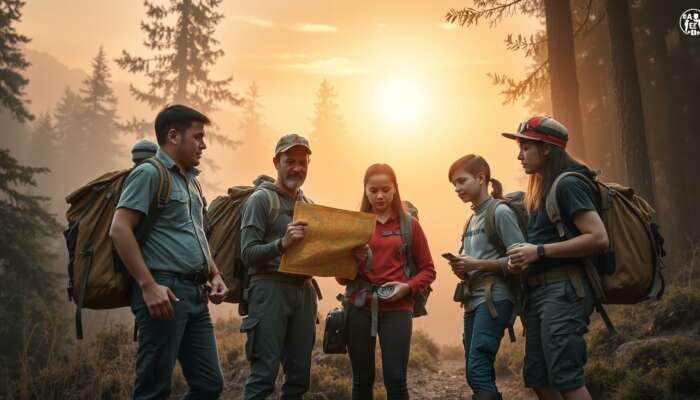 Diverse first-time explorers at the edge of a misty forest, consulting a map and compass, wearing backpacks and safety gear under a golden dawn.