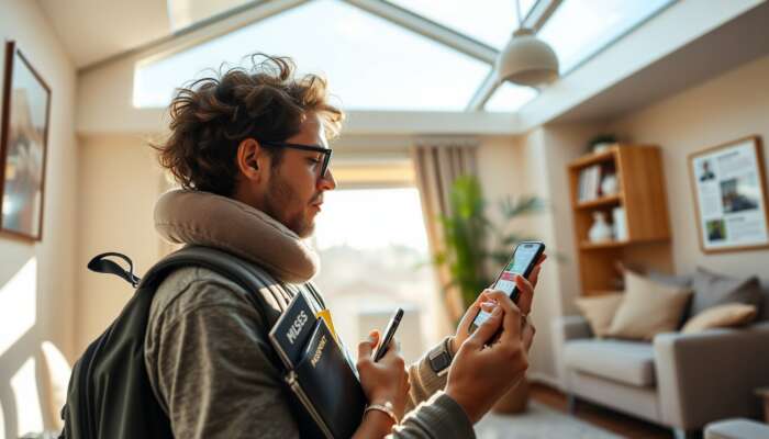A traveller in a sunlit room packs a backpack with essential items including passports, snacks, a neck pillow, and tech gadgets, while checking a bus schedule on a smartphone.