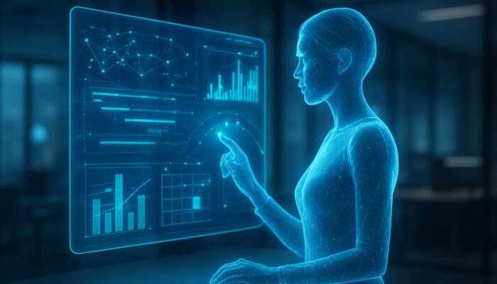 Holographic AI assistant analysing data streams and proposing optimised schedules in a futuristic office.