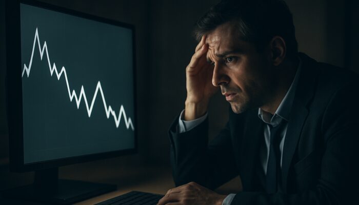 A worried trader observing a zigzagging chart with false breakouts and whipsaws in dim lighting