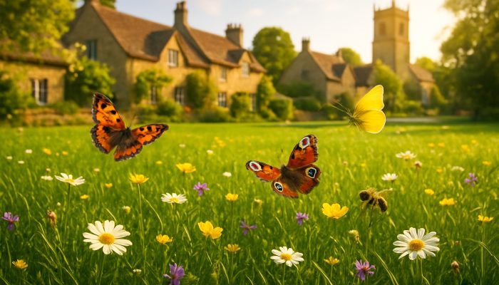 Freshly mowed lawn in Haselbury Plucknett with wildflowers, butterflies, and bees enjoying the sunlight.