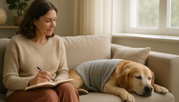 Calm dog wearing a soothing wrap on couch as owner notes reactions in diary