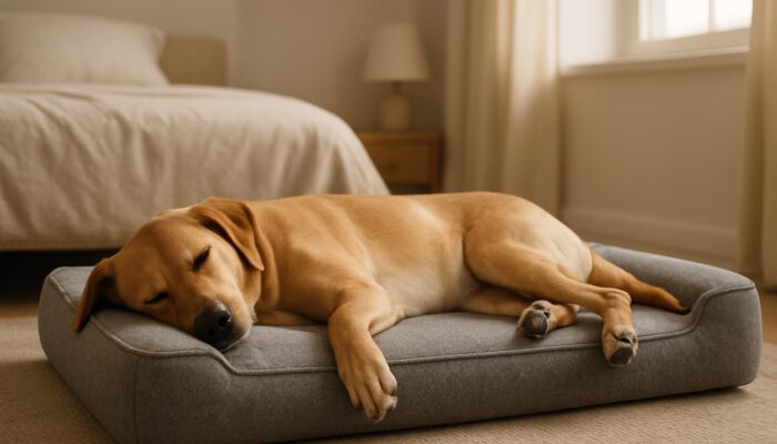 Relaxed dog resting on supportive high-density foam pet bed in a cosy bedroom.