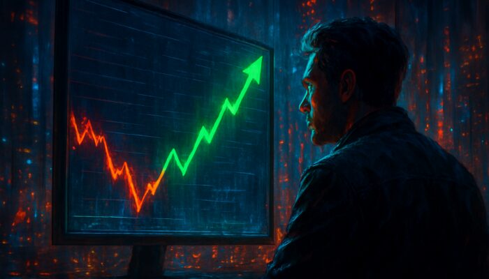 Trader observing a declining stock chart rebound sharply with green arrows in a cyberpunk city