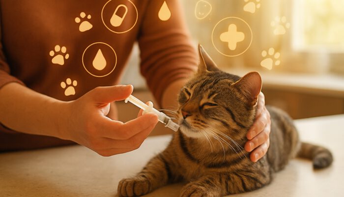 Owner administering medicine with a syringe to a relaxed tabby cat, with floating paw print icons