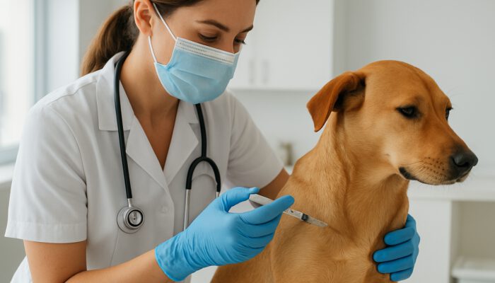 Veterinarian administering a sterile injection to a calm dog in a bright, modern clinic