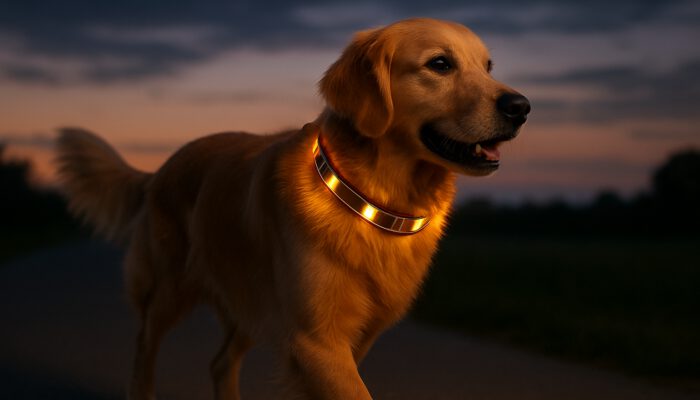 Golden retriever at dusk wearing a glowing solar-powered LED collar with solar panels for enhanced visibility.