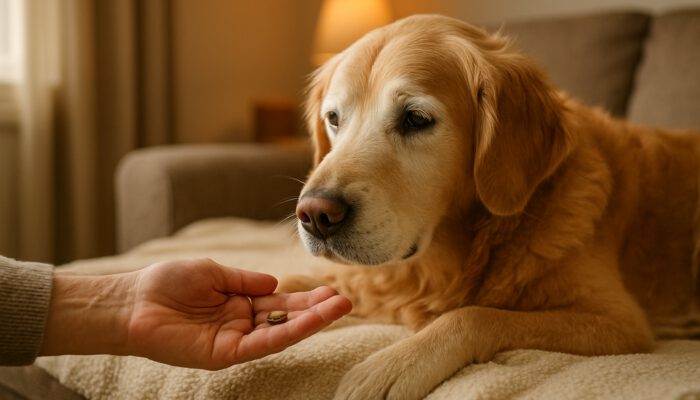Elderly golden retriever receiving a treat from owner while relaxing on a cozy blanket at home.