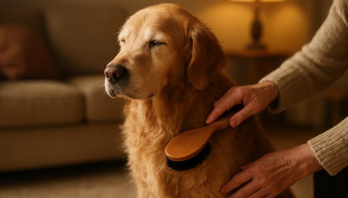 Elderly golden retriever with dry, patchy fur being gently brushed by owner in a cozy home setting.