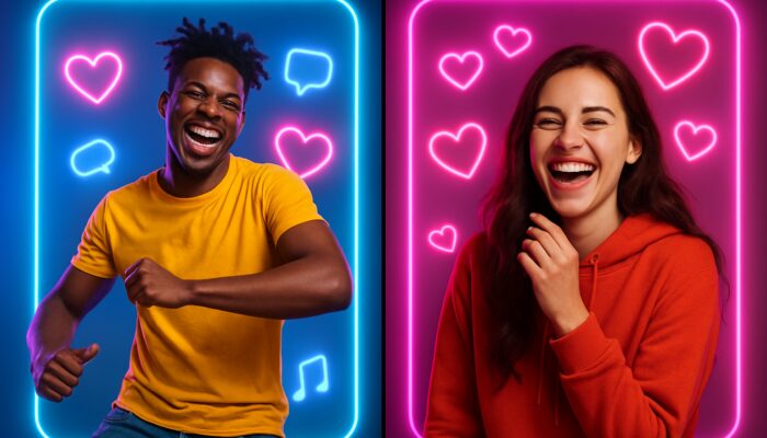 Split-screen TikTok duet featuring two lively creators dancing and laughing amid neon lights and hearts.