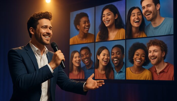 Charismatic host showcasing vibrant audience duets on a glowing stage with joyful diverse participants