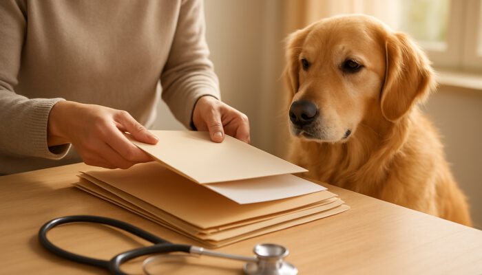 Owner organising golden retriever vaccination records on a sunlit table with a stethoscope nearby