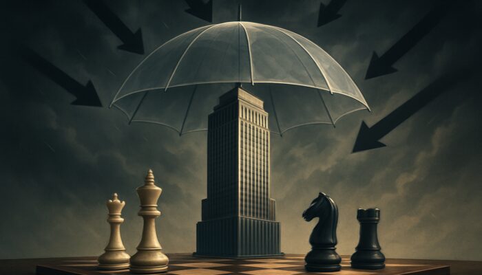 A modern skyscraper protected by an umbrella from risk arrows and storm clouds, with chess pieces symbolising strategy.
