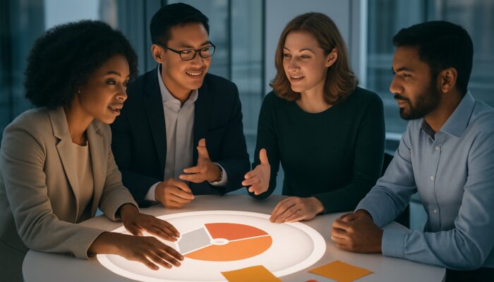 A diverse group of professionals collaborating around a table with risk charts, representing inclusive feedback in risk management.