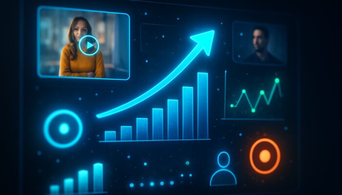 Vibrant digital dashboard illuminating live video ads and real-time global engagement metrics.
