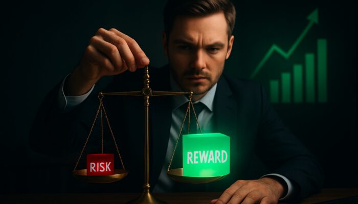 Trader weighing a red risk cube against a green reward on a golden scale with 1:2 charts