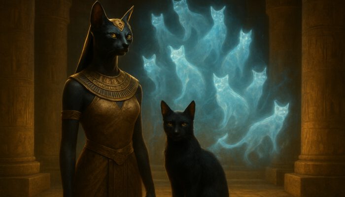Bastet next to a sleek cat with nine glowing spirit forms in an ancient golden temple