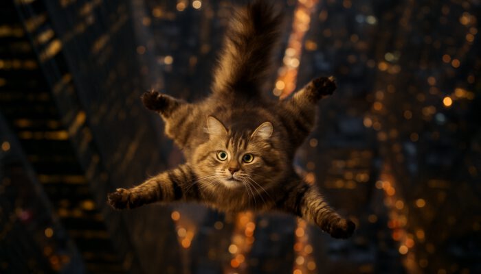 Fluffy tabby cat spreads body like parachute falling from a New York skyscraper at night