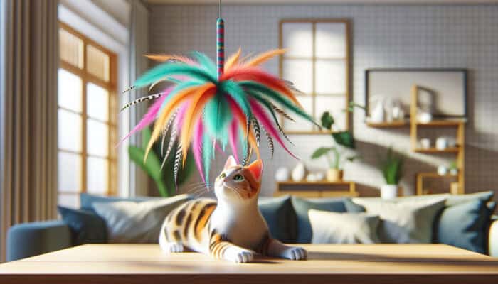 A thoughtfully crafted feather teaser toy suited to a cat's size and play style, made from safe, durable materials.