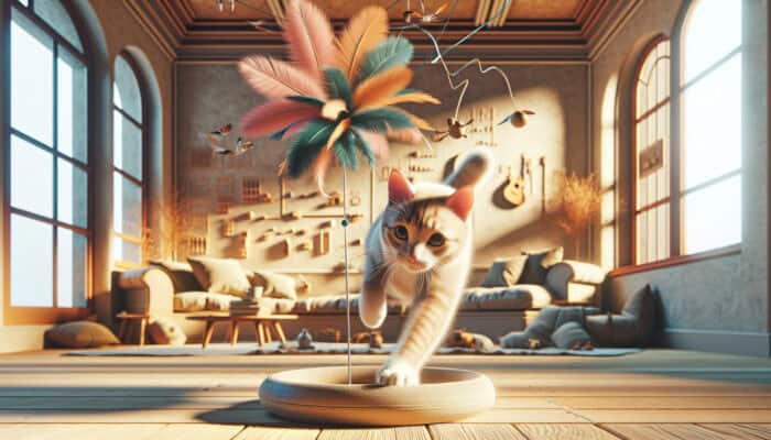 A feather teaser in a sunlit room, activating a cat's hunting instincts and promoting health.