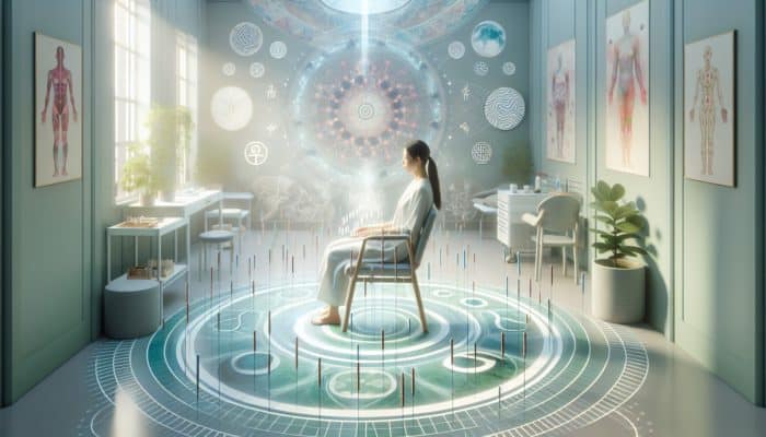 A woman experiencing acupuncture in a serene UK fertility clinic, surrounded by calming colours and traditional Chinese symbols.