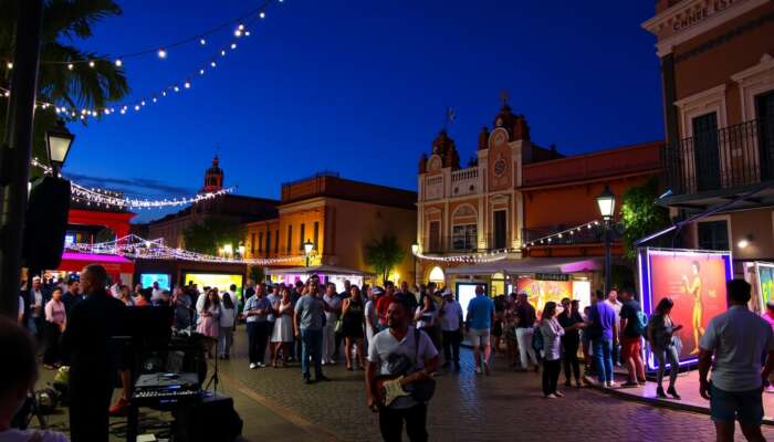 Lively Cervantino Festival scene in San Miguel de Allende: jazz musicians under lights, theatrical acts on plazas, art in colonial buildings, and a joyful crowd.