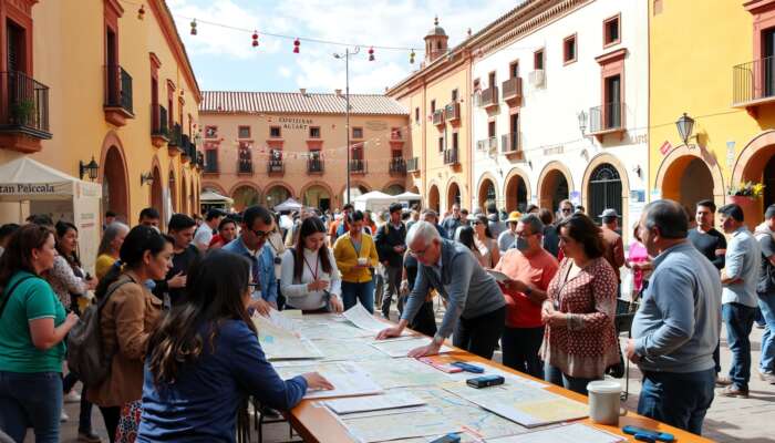 Volunteers, officials, and organisers collaborate around a table with maps and decorations in San Miguel de Allende's vibrant plaza.