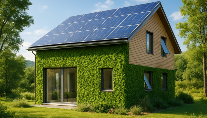 Modern eco-friendly home featuring solar panels, green walls, and smart windows in a tranquil setting.