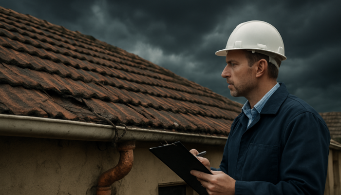 A professional inspector examines a cracked roof and exposed wiring on an older home in Springs under a stormy sky.