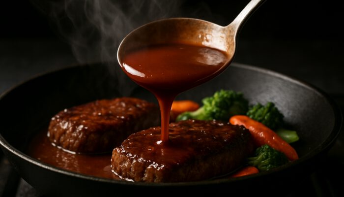 Chef's spoon lifts a thick glossy pan sauce from a simmering skillet with steam and seared meat.