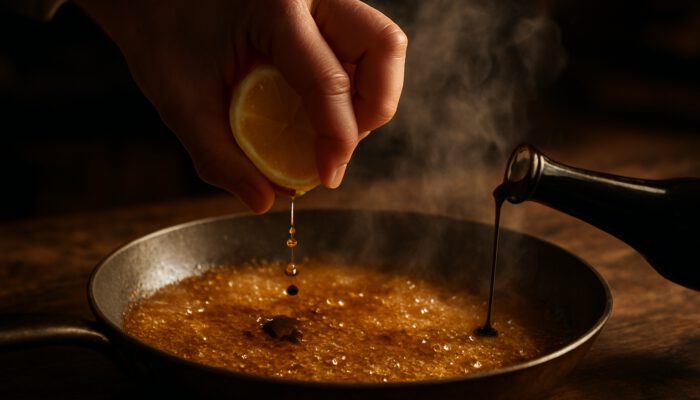 Chef squeezing lemon and balsamic into a bubbling golden pan sauce with steam rising.