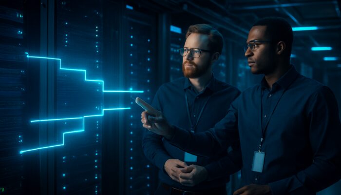 Engineers coordinating exchange maintenance downtime with holographic timelines in a high-tech server room.