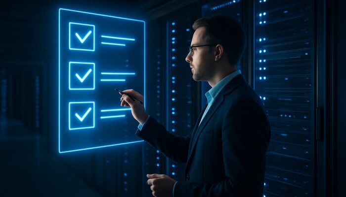 Strategic planner annotating holographic checklists beside server racks in a sleek data center.